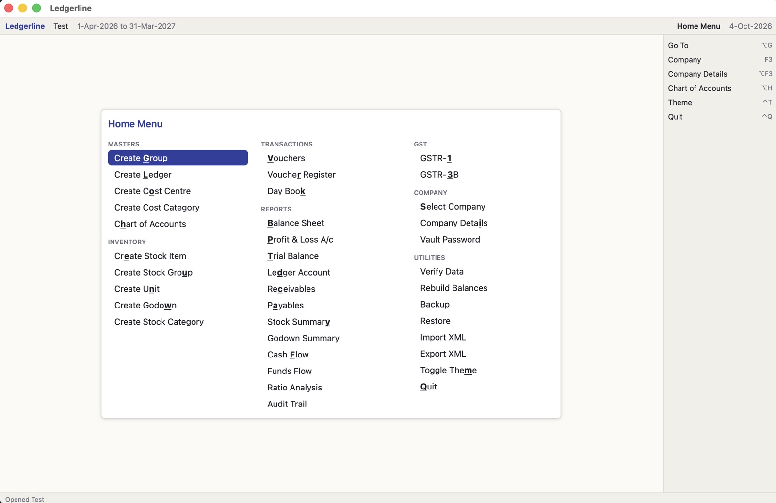 The Ledgerline Home Menu: masters, inventory, transactions, reports, GST, company and utilities, each with a one-key shortcut